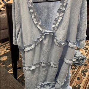 Light Blue Ruffled V-Neck Blouse